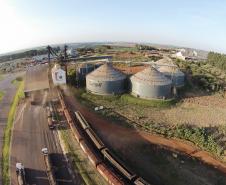 Trens em operação na moega da Ferroeste, ao lado das instalações da Cargil. 