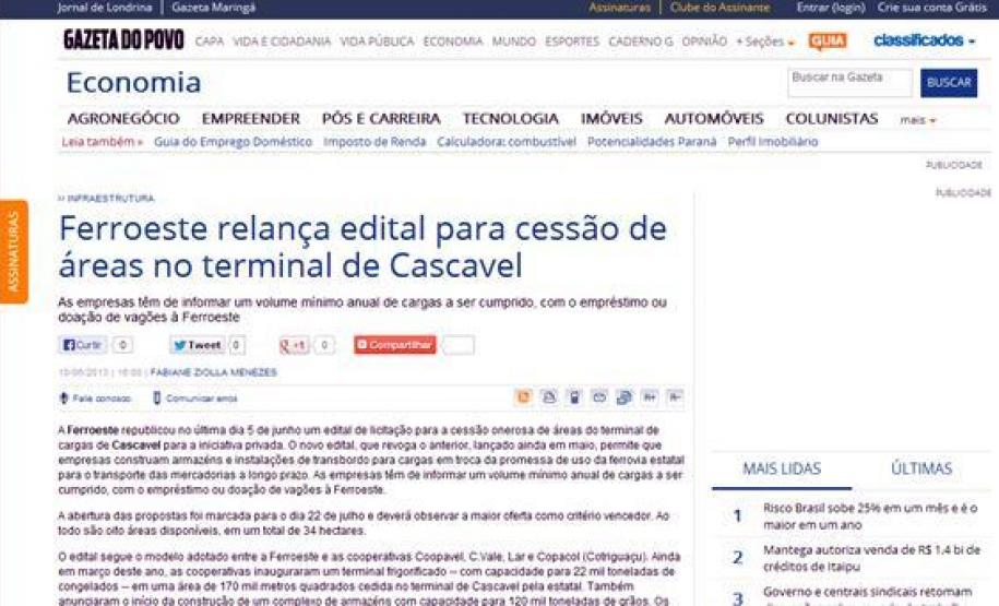 Ferroeste relança edital para cessão de áreas no terminal de Cascavel