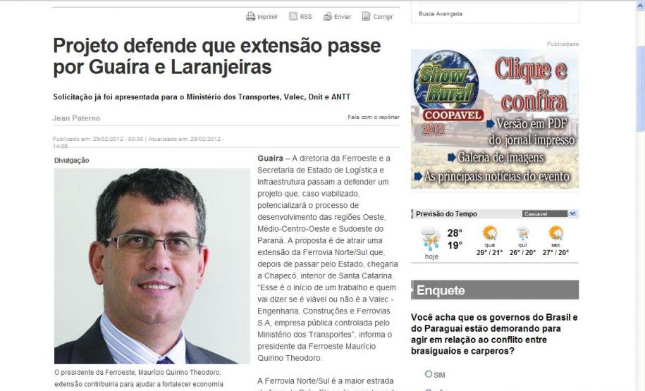 Projeto defende que extensão passe por Guaíra e Laranjeiras