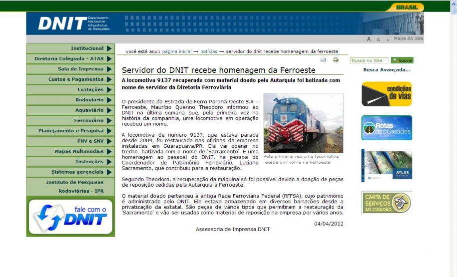 Servidor do DNIT recebe homenagem da Ferroeste